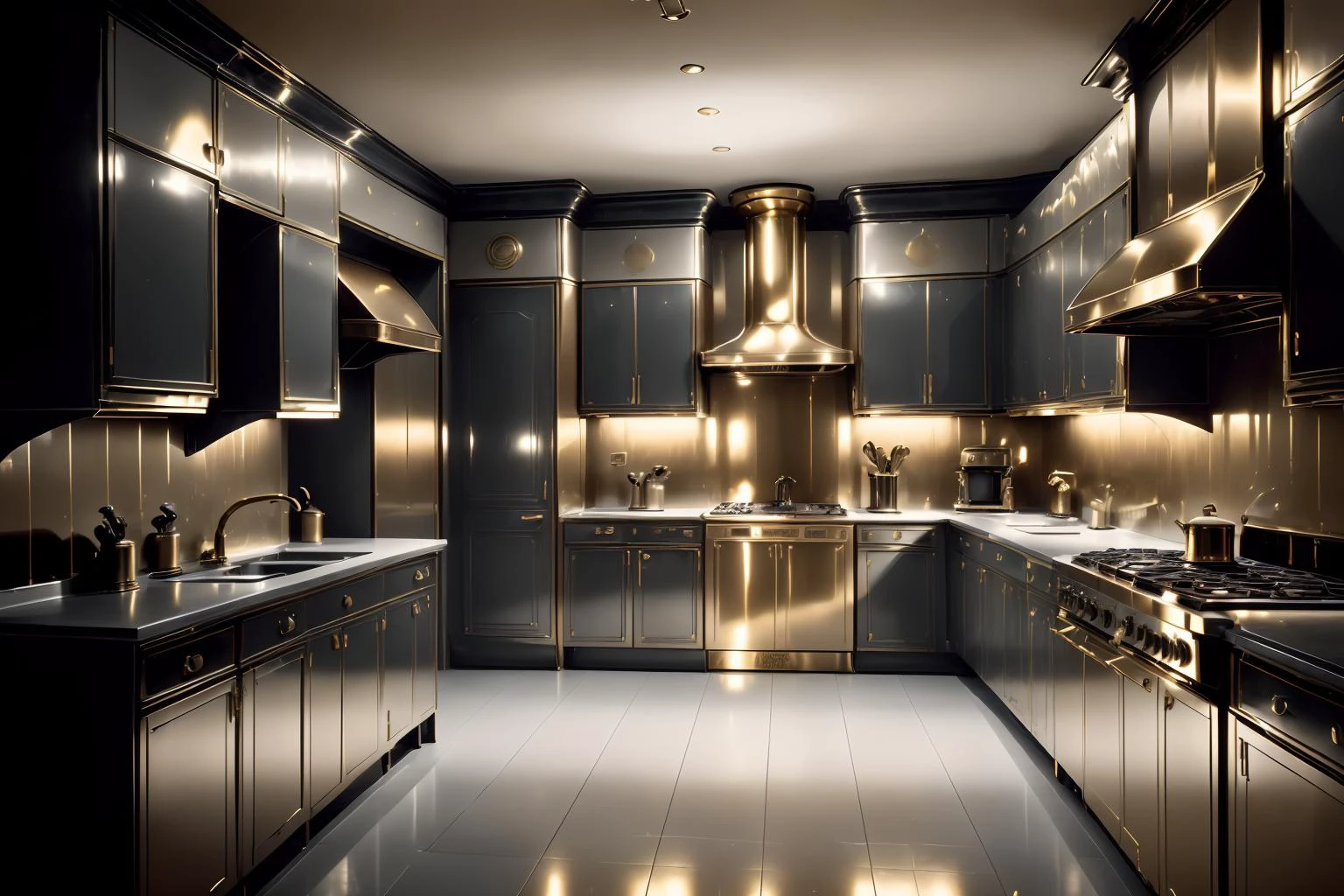photograph of a 1950's kitchen, golden reflective theme, epic, art deco, classy, iconic <lora:Golden_Paradigm:1.0> <lora:AmericanaArchitecture-10:1.0> <lora:add_detail:0.5> <lora:realistic:0.5> <lora:waterVFX:0.5>