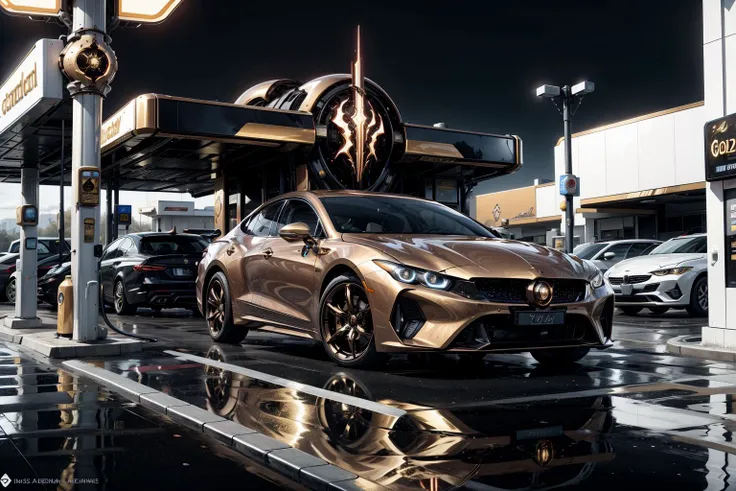 goldenparadigm ascendedlord car parked in a gas station parking lot, pristine <lora:add_detail:0.5> <lora:Golden_Paradigm:0.85>