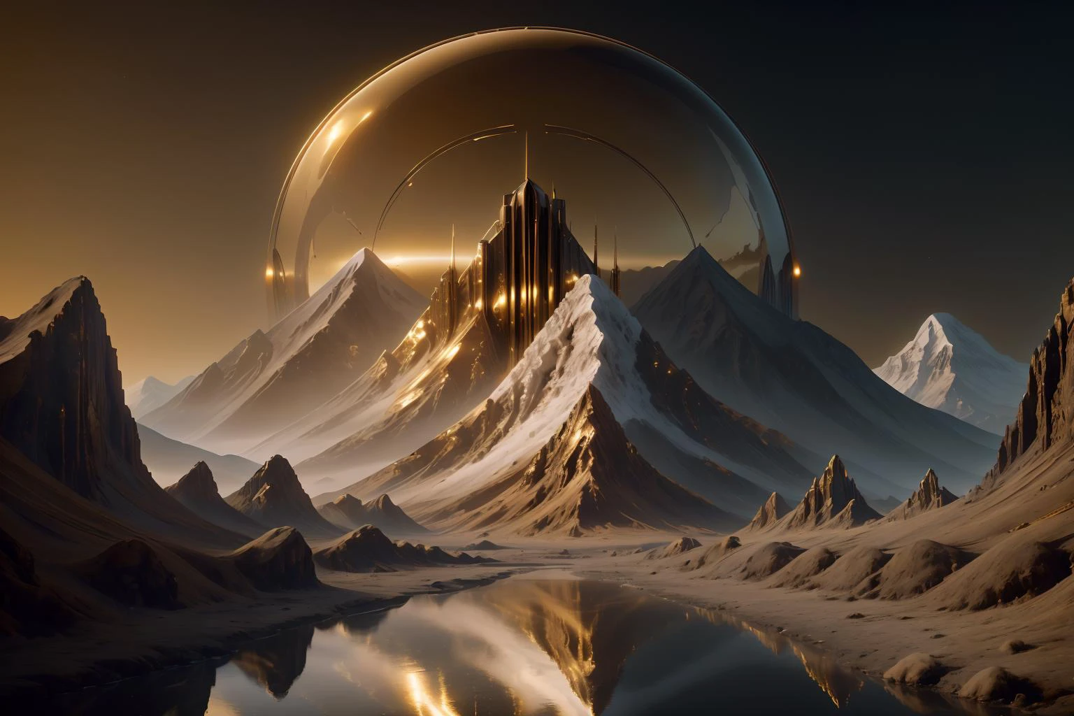 alienscape mountains, golden reflective theme, epic, art deco, classy, iconic <lora:Golden_Paradigm:1.0> <lora:AmericanaArchitecture-10:1.0> <lora:add_detail:0.5> <lora:realistic:0.5> <lora:waterVFX:0.5>