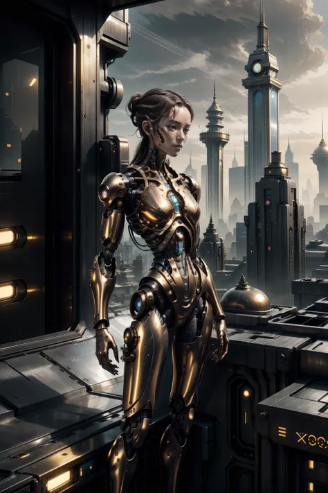 photograph of a female cyborg standing on a rooftop, rococo cyberpunk style, golden shiny reflective theme, relaxed and peaceful atmposphere <lora:Golden_Paradigm:0.8> <lora:add_detail:0.5> <lora:realistic:0.5> <lora:waterVFX:0.5>