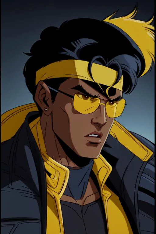 X-men TaS Style, 1boy, black eyes, black hair, dark skin, earrings, eyewear on head, gloves, goggles, headband, jacket, jewelry, male focus, meme, open mouth, parody, retro artstyle, shirt, solo, sunglasses, yellow jacket,
<lora:XmenStyle:0.8>