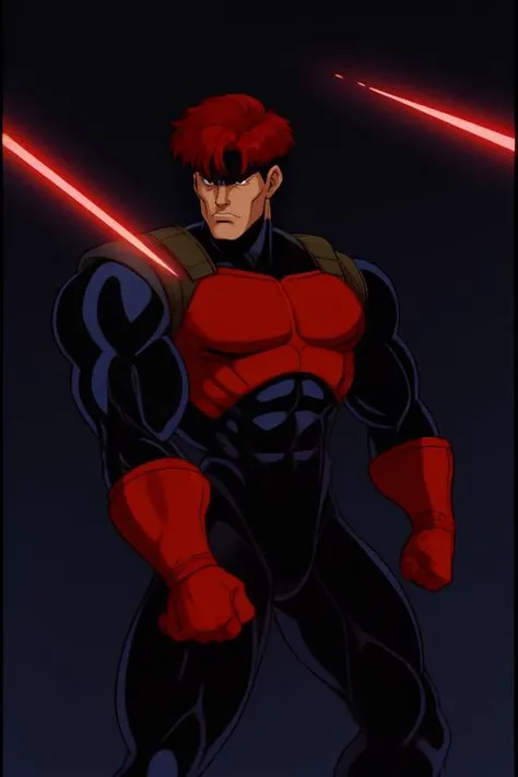 X-men TaS Style, 1boy, black bodysuit, armor, male focus, muscular, visor, laser, red hair, retro artstyle, solo, upper body, <lora:XmenStyle:0.8>
