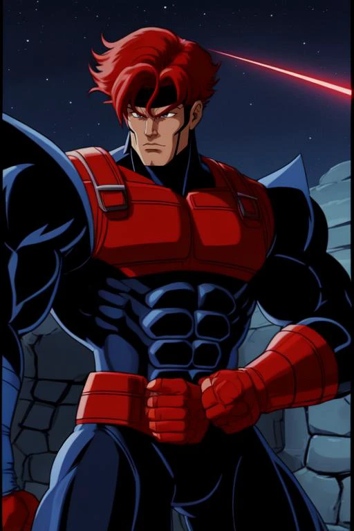 X-men TaS Style, 1boy, black bodysuit, armor, male focus, muscular, visor, laser, red hair, retro artstyle, solo, upper body, <lora:XmenStyle:0.8>