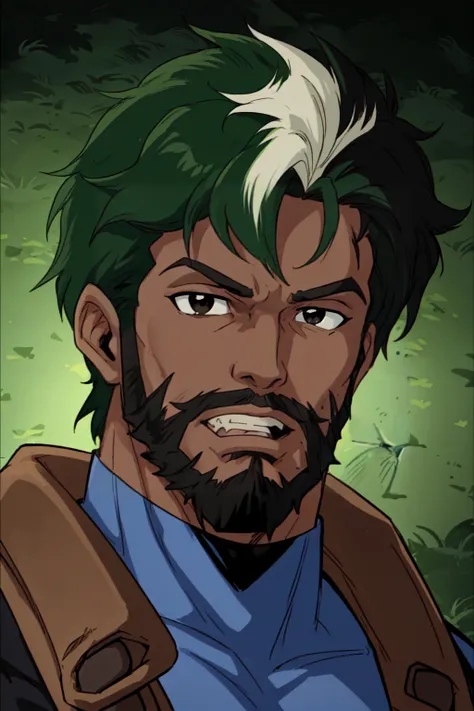 X-men TaS Style, 1boy, beard, black eyes, brown gloves, dark skin, dark-skinned male, facial hair, gloves, green hair, male focus, multicolored hair, parody, portrait, short hair, solo, teeth, <lora:XmenStyle:0.8>