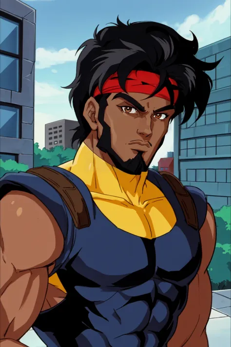 X-men TaS Style, 1boy, animification, black hair, brown eyes, building, dark skin, dark-skinned male, facial hair, headband, looking at viewer, male focus, parody, pillarboxed, retro artstyle, solo, upper body <lora:XmenStyle:0.8>