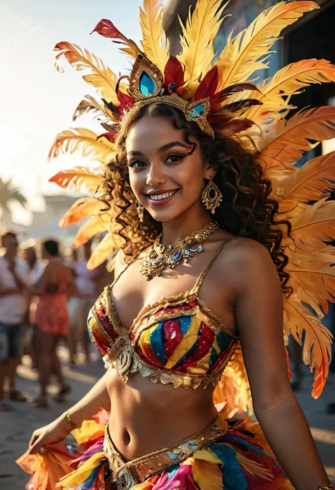 (medium full shot) of (glamorous rio carnival dancer) young woman, mexican, mahogany skin, hazel eyes, Medium build, short brown curly down hair, wearing a multicolored chiffon blouse with vibrant patterns, asymmetric carnival skirt, feathered wings, embellished flats, colorful eye shadow, wearing a feathered headdress, set in a colorful carnival float, with elaborate decorations, vibrant costumes, energetic dancers, rhythmic music, and festive confetti, during sunset, woman smiling, ,Masterpiece,best quality, photo, realistic, very aesthetic, detailed face,