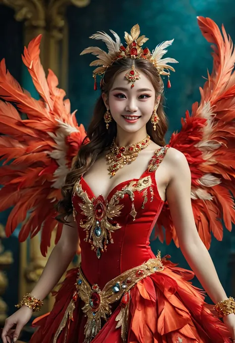 (medium full shot) of (dazzling rio carnival dancer) young woman, korean, light skin, hazel eyes, willowy build, extra long red side-swept hair, wearing a red velvet carnival gown with elaborate decorations, feathered wings, feathered heels, colorful eye shadow, bejeweled necklace, set in  , woman smiling, ,Masterpiece,best quality, photo, realistic, very aesthetic, detailed face,