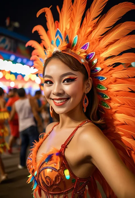 (medium full shot) of (radiant rio carnival dancer) young woman, korean, fair skin, light brown eyes, Medium build, short red french twist hair, wearing a orange colorful carnival dress, feathered wings, high-heeled dance  shoes, colorful eyeliner, wearing a feathered headdress, set in  a lively samba-drome, with enthusiastic spectators, colorful lights, samba dancers, vibrant costumes, and an electric ambiance, woman smiling, ,Masterpiece,best quality, raw photo, realistic, very aesthetic