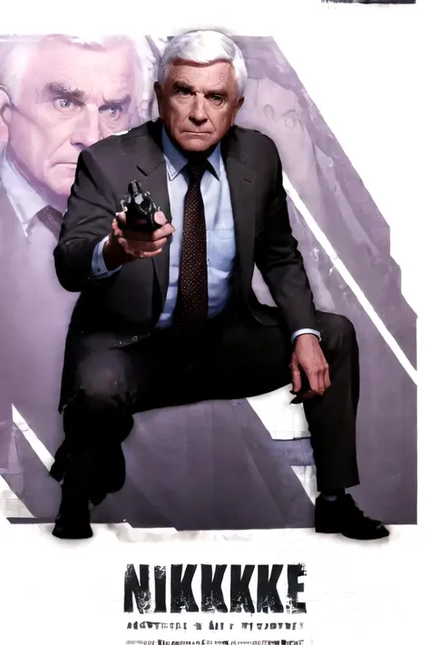 1boy, IncrsNikkeProfile, <lora:NikkeProfile:1> full body, zoom layer, holding police id, holding gun, one knee, <lora:LeslieNielsenLora:0.9> white hair, old man, formal, shirt, necktie, suit, manly