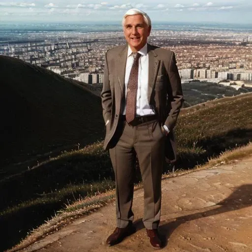 (((a man standing on a hill looking at a city, full body))) <lora:LeslieNielsenLora:0.8> 1boy, white hair, old man, formal, shirt, necktie, suit, manly