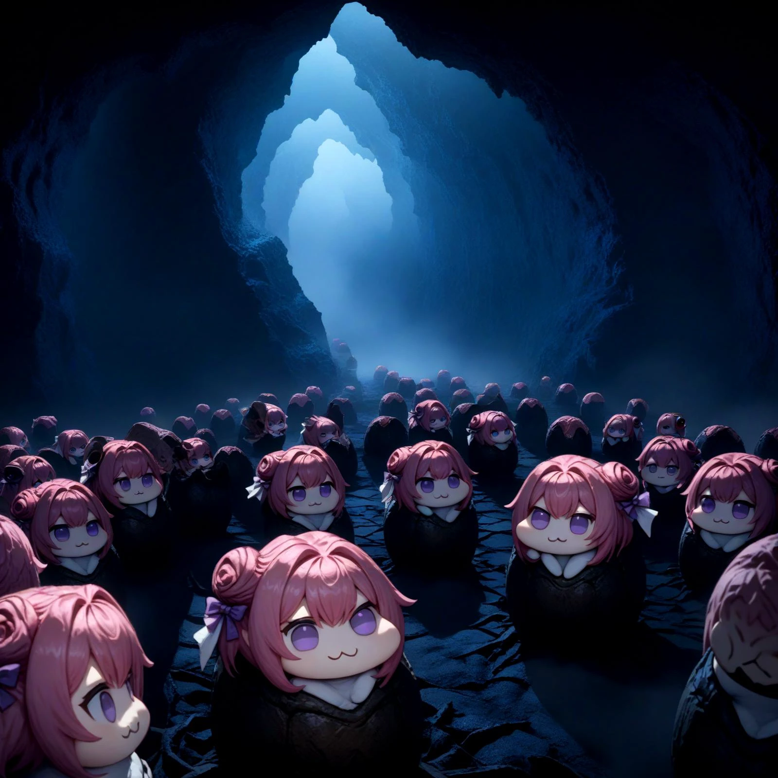 <lora:doro_xypher_amxl_v1:0.9> doro, \:3, chibi, solid circle eyes, no pupils, white skin
, pink hair, purple eyes, single side bun, hair bow, clone, peeking out
, no humans
, dark environment, dim lighting, shadow, fog, cave
, masterpiece, best quality, very aesthetic, absurdres <lora:Xenomorph_Egg_SDXL:1> xenoegg