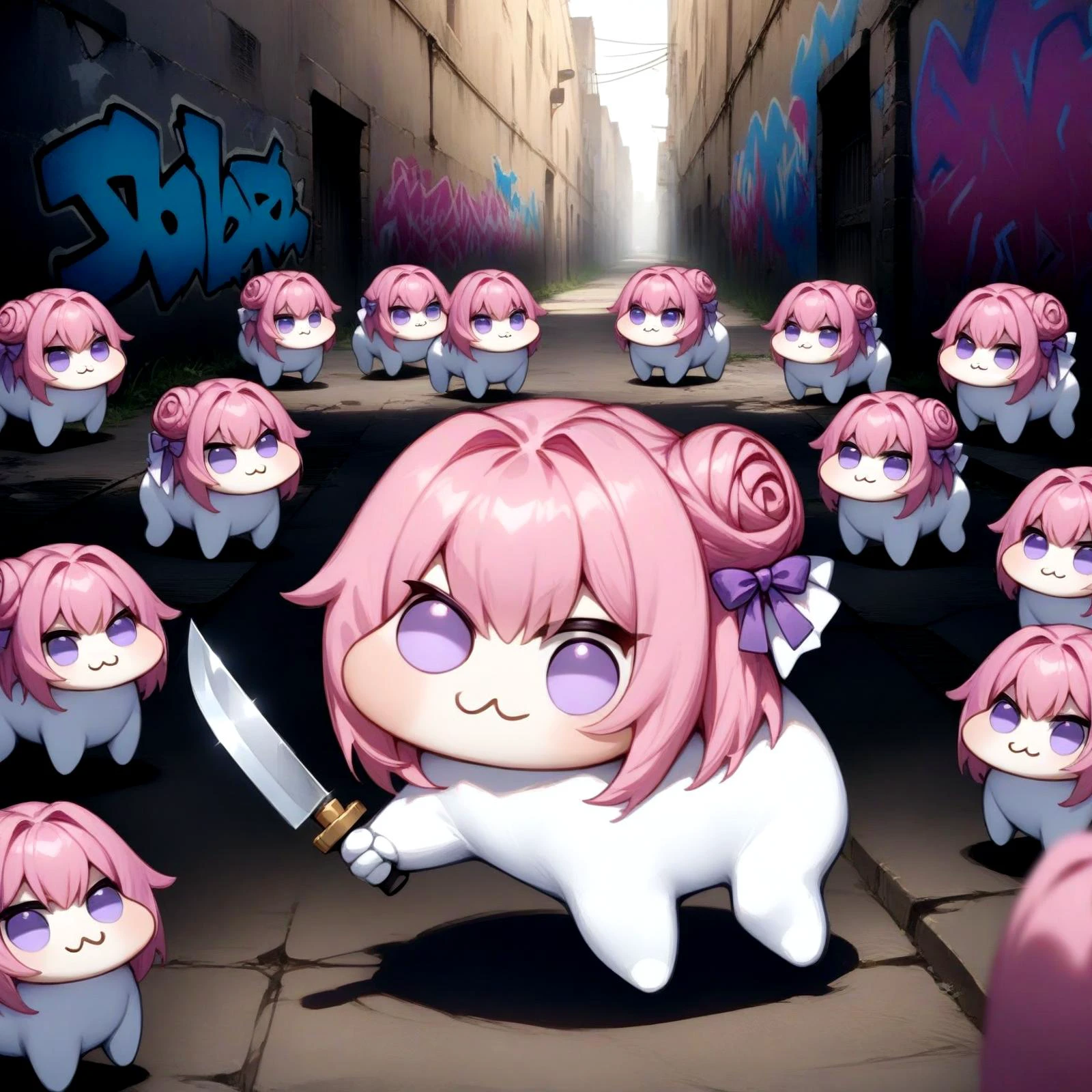 <lora:doro_xypher_amxl_v1:1> solo, doro, :3, chibi, solid circle eyes, no pupils, white skin
, pink hair, purple eyes, single side bun, hair bow, clone, herd
, fighting stance, holding knife
, dark alley, graffiti
, masterpiece, best quality, very aesthetic, absurdres