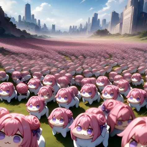 <lora:doro_xypher_amxl_v1:1> doro, \:3, chibi, solid circle eyes, no pupils, no humans, white skin, all fours
, pink hair, purple eyes, single side bun, hair bow, herd, clone, stampede, running
, landscape, scenery, cityscape
, masterpiece, best quality, very aesthetic, absurdres