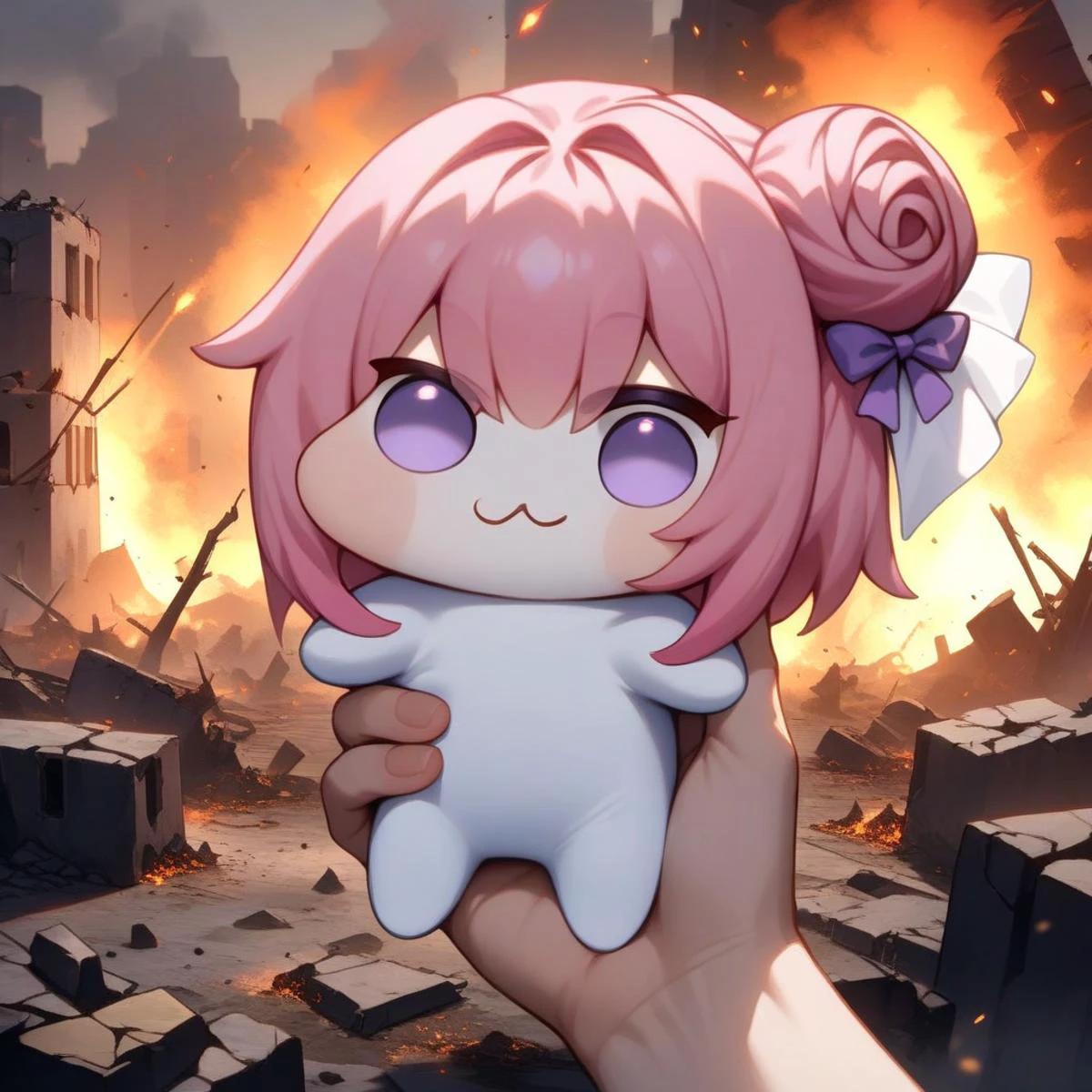 <lora:doro_xypher_amxl_v1:1> solo, doro \:3, chibi, solid circle eyes, no pupils, no humans, white skin, creature
, pink hair, purple eyes, single side bun, hair bow
, masterpiece, best quality, very aesthetic, absurdres
, pov hands, holding creature, outdoors, mini person, smoke, embers, ruins, ashes