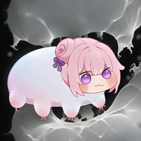 <lora:doro_xypher_amxl_v1:1> doro, :3, chibi, solid circle eyes, no pupils, no humans, white skin, blush
, pink hair, purple eyes, single side bun, hair bow, microscopic
, masterpiece, best quality, very aesthetic, absurdres. <lora:Tardi:0.75> (tardigrade:1.2)