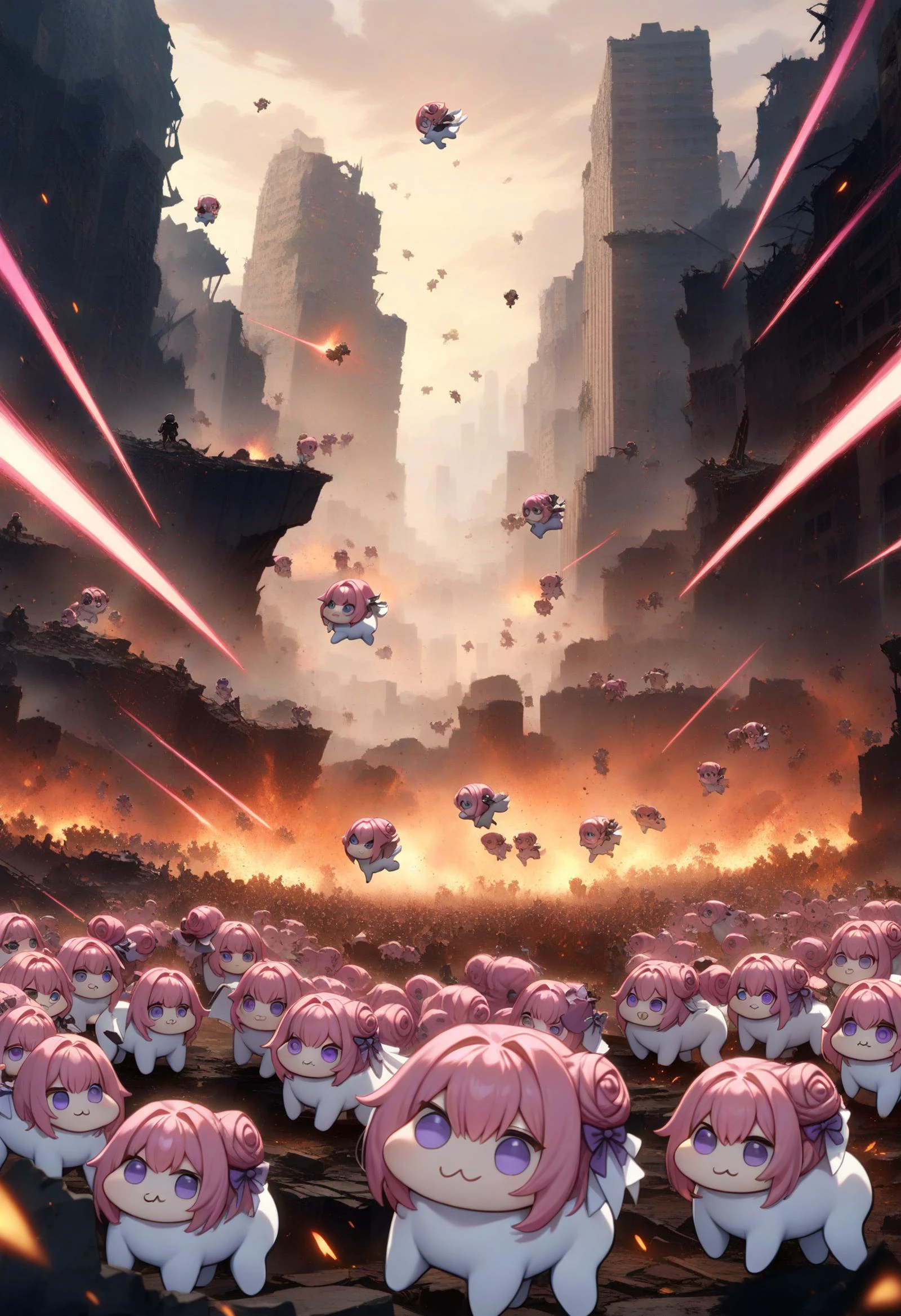 <lora:doro_xypher_amxl_v1:1> doro \:3, chibi, solid circle eyes, no pupils, no humans, white skin, all fours
, pink hair, purple eyes, single side bun, hair bow
, masterpiece, best quality, very aesthetic, absurdres
, outdoors, sky, clone, herd, running, city, ruins, embers, flying, laser, nude