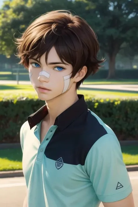 Alex, 17 years old, He has messy brown hair and determined green eyes.. His athletic build reveals his rural life.from a photo