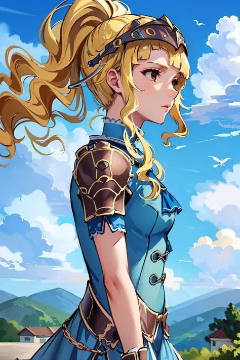 masterpiece, best quality, clair, helmet, blue dress, shoulder armor, gloves, upper body, sky, clouds, standing, from side, looking to side, serious, wind, hair blown by wind <lora:clair-nvwls-v1-final:1>