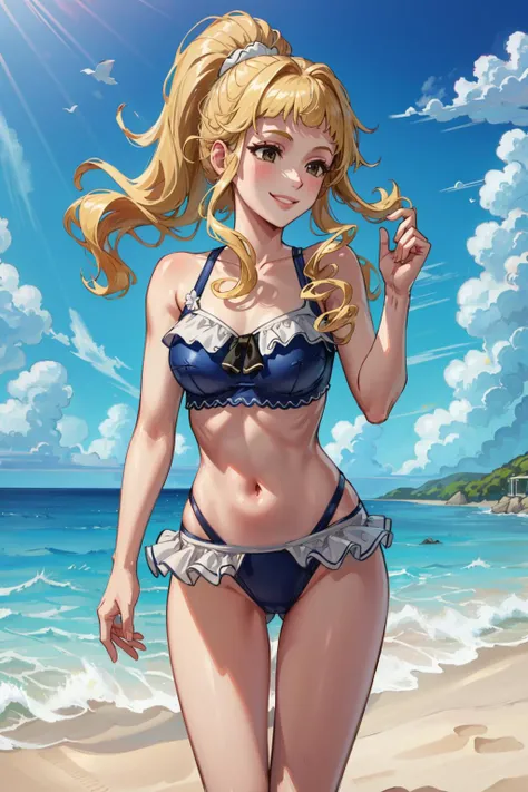 masterpiece, best quality, clair, blue frilly swimsuit top, frilly swimsuit bottom, beach, sand, standing, smile <lora:clair-nvwls-v1-000012:0.7>