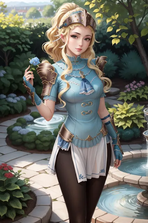 masterpiece, best quality, clair, helmet, blue dress, shoulder armor, gloves, black pantyhose, standing, cowboy shot, looking at viewer, smug, garden, fountain <lora:clair-nvwls-v1-000012:0.9>