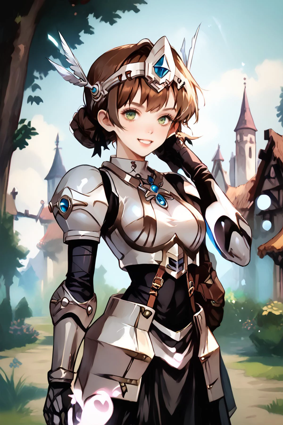 score_9, score_8_up, score_7_up, score_6_up, score_5_up, source anime, BREAK, bright and vibrant colors, solo, <lora:DuvalieArmor:0.9> , Duvalie, green eyes, brown hair, black ribbon, medium breasts, wing ornament, visor, armor, armored dress, bodysuit, black bodysuit, pantyhose, armored boots, greaves, skirt, waistcloak, standing, smile, <lora:hand 4:0.6> , Hand, hands, perfect hands, realistic background, village, halloweentown, mystical, wisps, outdoors, daytime, <lora:Smooth Anime 2 Style SDXL_LoRA_PonyXL Diffusion V6 XL:1> <lora:OldAnimeStyle_PonyXL:0.6> , Vintage, <lora:Old_Sugimori_Art__Gens_I__II__for_Pony:0.4>