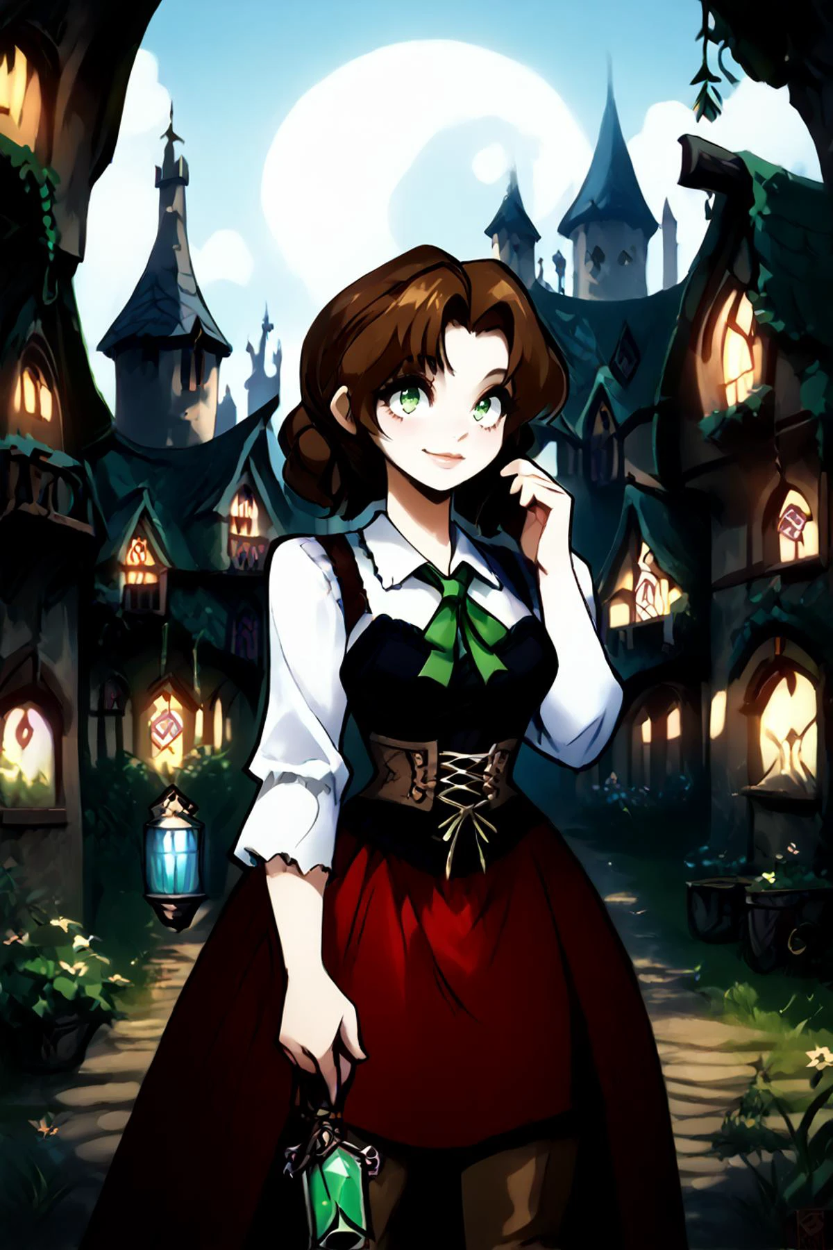 score_9, score_8_up, score_7_up, score_6_up, score_5_up, source anime, BREAK, bright and vibrant colors, solo, <lora:DuvalieCasual:0.9> , Duvalie, green eyes, brown hair, black ribbon, medium breasts, medieval outfit, brown thigh boots, corset, white shirt, red skirt, green neckwear, standing, smile, <lora:hand 4:0.6> , Hand, hands, perfect hands, realistic background, village, halloweentown, mystical, wisps, outdoors, daytime, <lora:Smooth Anime 2 Style SDXL_LoRA_PonyXL Diffusion V6 XL:1> <lora:OldAnimeStyle_PonyXL:0.6> , Vintage, <lora:Old_Sugimori_Art__Gens_I__II__for_Pony:0.4> <lora:HerrscherAGGA2024_Jek_Korpen_Style_V1:1> , Jek_Korpen, JK_Style,