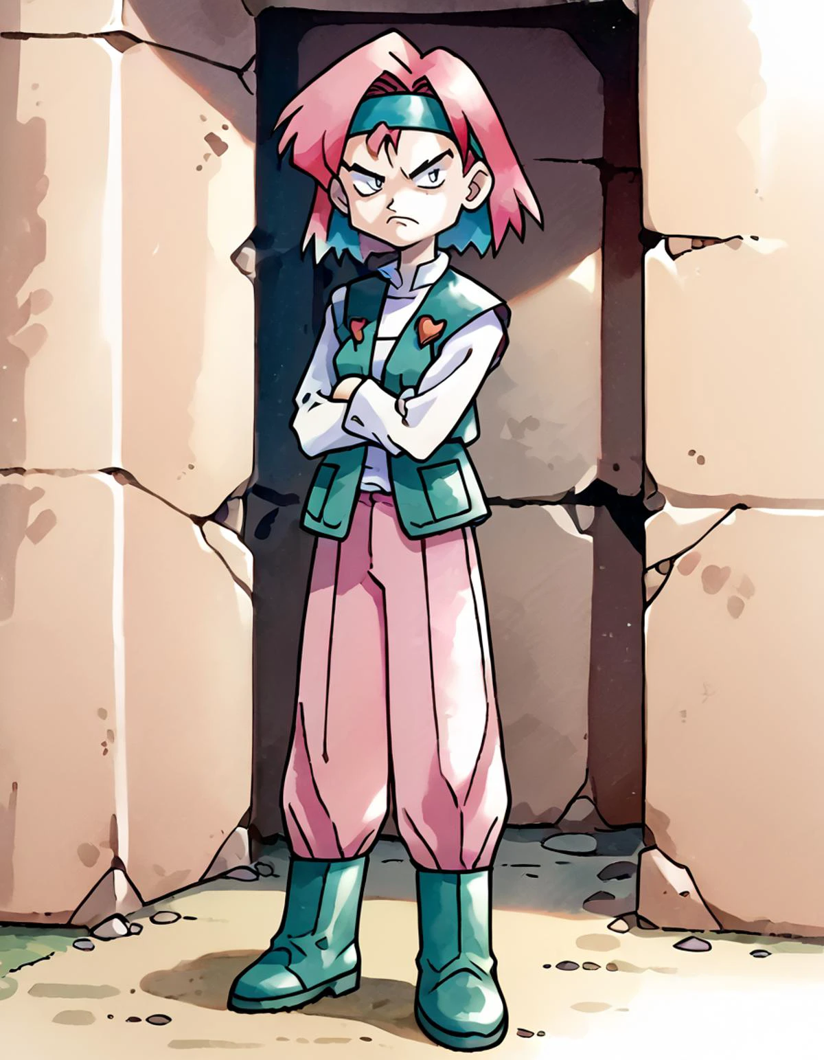 (source_anime, score_9, score_8_up, score_7_up:1), <lora:Old_Sugimori_Art__Gens_I__II__for_Pony:0.8>, 1girl,((solo)),heikevahs,vest,white shirt,very short hair,multicolored hair,boots,headband,pink pants,scowling,crossed arms,full body,indoors,in cave,<lora:KenSugimoriPony:0.8>,ken sugimori,watercolor \(medium\) ,<lora:VahsPony:0.85>
