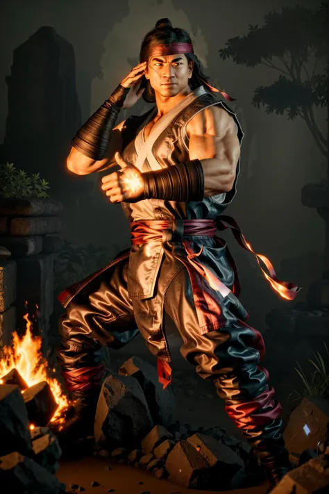 <lora:mklkng_v3-000011:1> mklkng, masterpiece, best cinematic quality, photorealistic highly detailed 8k raw photo, volumetric lighting, volumetric shadows, man, dynamic pose, fire, A hidden, underground lair, with dim lighting and mysterious artifacts background
