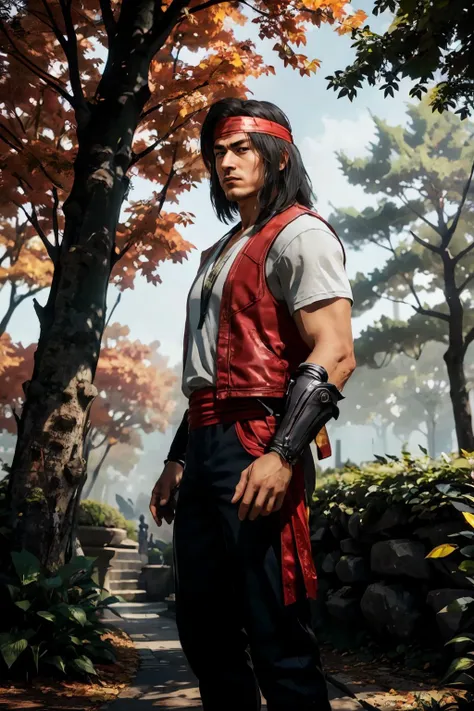 mklkng, man,black hair, red headband, black vest,red sash, black pants, looking at viewer, serious,standing, outside, park, trees, autumn, blue sky, extreme detail, masterpiece, <lora:mklkng_v3:.8>