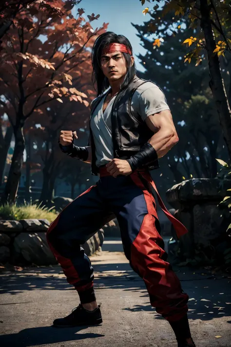 mklkng, man,black hair, red headband, black vest,red sash, black pants, looking at viewer, serious,fighting pose, outside, park, trees, autumn, blue sky, extreme detail, masterpiece, <lora:mklkng_v3:.8>