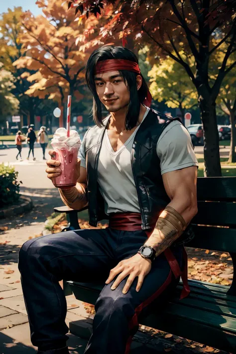 mklkng, man,black hair, red headband, black vest,red sash, black pants, looking at viewer, smiling, happy, sitting, on bench, drinking a milkshake, outside, park, trees, autumn, extreme detail, masterpiece, <lora:mklkng_v3:.8>