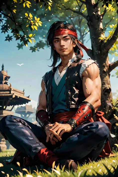 mklkng, man, black hair, red headband, black vest,red sash, black pants, looking at viewer, serious, smiling, sitting, on grass, legs crossed, under tree, blue sky, extreme detail, masterpiece, <lora:mklkng_v3:.8>