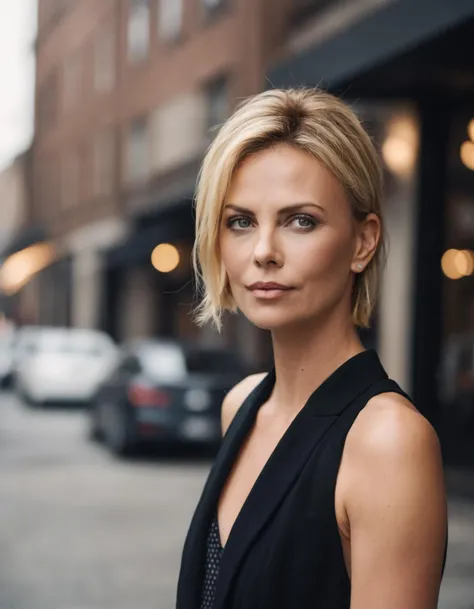 cinematic photo Mid-shot portrait of a beautiful  (((ohwx woman))) in his 30s with perfect skin, candid street portrait in the style of Martin Schoeller award winning, Sony a7R  <lora:charlize_lora_sdxl_v1-000008:1> . 35mm photograph, film, bokeh, professional, 4k, highly detailed