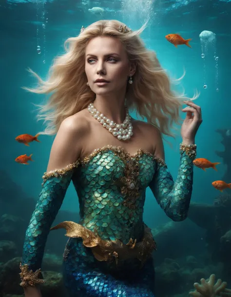 cinematic photo (((ohwx woman))) portrait, fantasy, mermaid, hyperrealistic, game character, underwater, highly detailed, sharp focus, cinematic lighting, pearls, glowing hair, shells, gills, crown, water, highlights, starfish, jewelry, realistic, digital art, pastel, magic, fiction, ocean, king, colorful hair, sparkly eyes, fish, heroic, goddess, waves, bubbles, queen <lora:charlize_lora_sdxl_v1-000008:1> . 35mm photograph, film, bokeh, professional, 4k, highly detailed