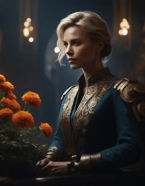 cinematic photo portrait of a gorgeous (((ohwx woman))) princesse, dynamic lighting, in the style of Jean-Baptiste Monge, dark ambiance, ink slpatters, flowers, realistic, sharp focus, illustration, octane render, unreal engine, 8k, high resolution, trending on artstation, sharp focus, studio photo, intricate details, highly detailed, by greg rutkowski, sharp focus, emitting diodes, smoke, artillery, sparks, racks, system unit, motherboard, by pascal blanche rutkowski repin artstation hyperrealism painting concept art of detailed character design matte painting, 4 k resolution blade runner <lora:charlize_lora_sdxl_v1-000008:1> . 35mm photograph, film, bokeh, professional, 4k, highly detailed