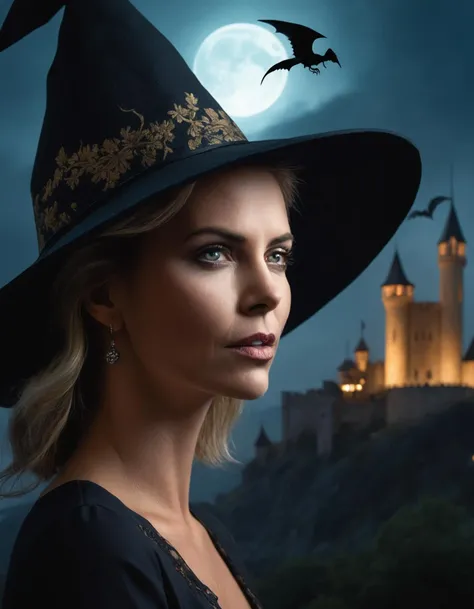cinematic photo hyper realistic portrait painting, beautifully rendered, gorgeous (((ohwx woman))) witch with a hat, moonlight, bats, castle in the background, painted by greg rutkowski, wlop, artgerm, dishonored 2 <lora:charlize_lora_sdxl_v1-000008:1> . 35mm photograph, film, bokeh, professional, 4k, highly detailed