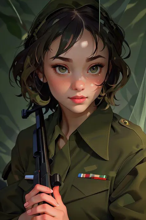 DEN_ellemae_stylerotica,
(a (soldier:1.1) in the jungle on manoeuvrers wearing (army fatigues:1.2) and holding a rifle, (camouflage:1.2), military, uniform, military, camouflage uniform:1.2),
bokeh, f1.4, 40mm, photorealistic, raw, 8k, textured skin, skin pores, intricate details <lora:epi_noiseoffset2:1>, epiCRealism