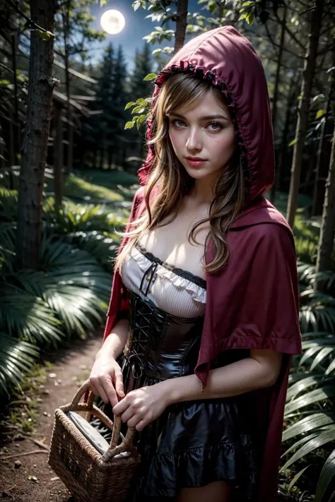 (realistic:1.3), finely detailed, quality, rembrandt lighting, (masterpiece:1.2), (photorealistic:1.2), (best quality), (detailed skin:1.3), (intricate details), dramatic, ray tracing, 1girl, little red riding hood, 21 years old, detailed skin texture, (blush:0.5), (goosebumps:0.5), subsurface scattering, smiling, medium breasts, long hair curls, blonde hair, bangs, hair between eyes, dress, frilled dress, corset, frills, frilled skirt, basket, cowboy shot, (night, moon, dark forest, trees), <lora:little_red_riding_hood_v0.1:1>