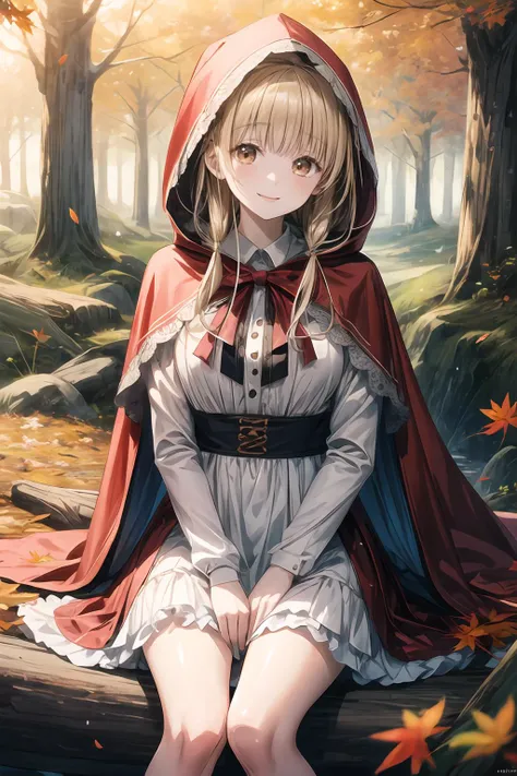(((masterpiece))), (((best quality))), (ultra-detailed),(ray tracing),top-notch quality,an extremely delicate and beautiful, extremely detailed, finely detail, 8k wallpaper, huge filesize, ultra-high definition, ultra high resolution,extreme detail description,many_colorful_petals_are_flying,shiny skin,cowboy_shot,outdoors,1girl,mahiru shiina, long hair, loose hair, blonde hair,little red riding hood,smile,Autumn, sitting, rock, forest, log, frilled dress, <lora:add_detail:1>,<lora:little_red_riding_hood_v0.1:0.8>. <lora:mahiro:0.8>