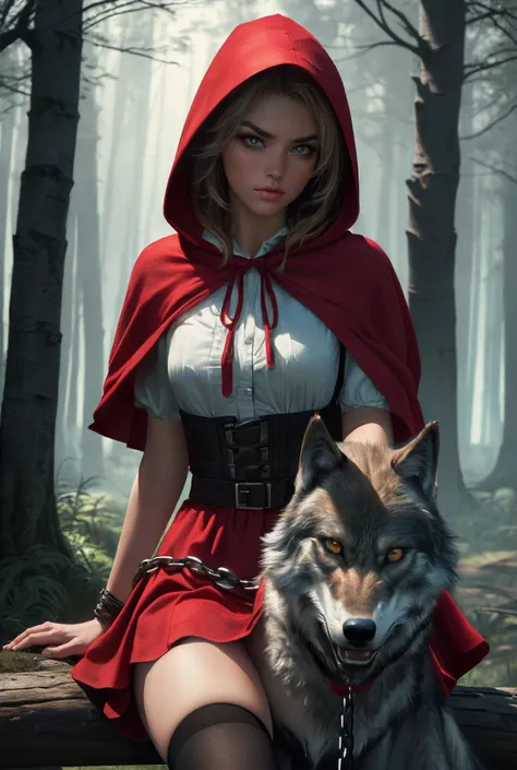 little red riding hood, sitting, 1girl, breasts, ress, thighhighs, apron, in a mystical forest clearing, Dark and mysterious, a powerful girl sitting,  triumphantly, (wolfback riding:1.3), (riding:1.2), (wolf in front:1.1), chain, leash, holding leash, her strength and dominance, with dynamic lighting adding an element of drama, highly detailed and realistic rendering with dramatic lighting and atmospheric effects, Digital artwork, trending on ArtStation, Resolution: 4k, cinematic view, (best quality:1.2), (masterpiece:1.3), (high resolution:1.3), <lora:little_red_riding_hood_v0.1:0.8>