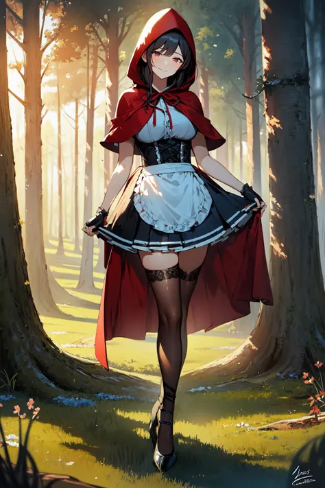 ((best quality)), ((masterpiece)), (detailed), perfect face, Red Riding Hood, nude, large breasts, thin waist, long thin legs, stockings, high heels, corset, garder belt, very tgin body, dense overgrown forest, epic view, wide view, wolf, large wolf