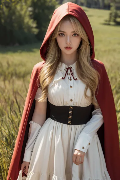 (Best Quality, Masterpiece:1.4), (Realism:1.2), (Realisitc:1.2), (Absurdres:1.2), (photorealistic:1.3), 1girl,Realistic Skin,Solo,( Very Big Eyes,beautiful detailed eyes, symmetric eyes), ((cowboy shot)),<lora:little_red_riding_hood_v0.1:1> little red riding hood, blonde hair, long hair, frilled dress, all fours, grass