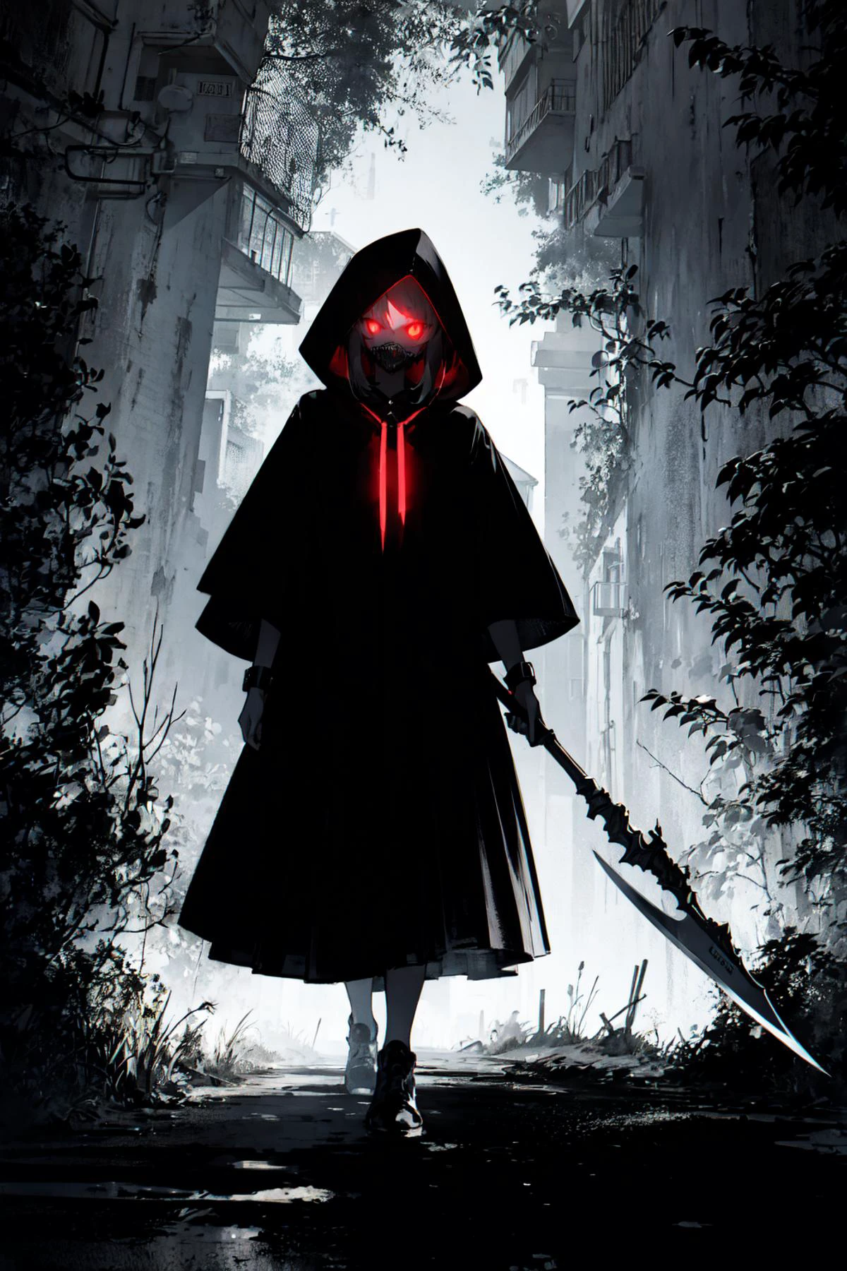(extremely detailed CG unity 16k wallpaper,backlight,A massive black mist in the shape of a wolf:1.3),
(little red riding hood,Mercenary, 1girl,(dark red glowing eyes:1.3), solo, skirt,holding gardening scythet and pistol,sharp teeth design mask in black and white theme:1.5) ,
(masterpiece, best quality, ultra detailed, hyper realistic, photo), delicate pattern, detailed background, super fine concept art,(darkness:1.4), dynamic lighting, faint light,high-contrast, (mysterious:0.8),,ethereal, truth, <lora:little_red_riding_hood_v0.1:0.8> <lora:UnlimitedBladeWorks1.6:0.5> <lora:girl_with_mask_lora013:0.8> mask