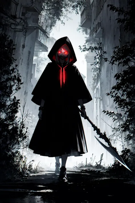 (extremely detailed CG unity 16k wallpaper,backlight,A massive black mist in the shape of a wolf:1.3),
(little red riding hood,Mercenary, 1girl,(dark red glowing eyes:1.3),  solo, skirt,holding gardening scythet and pistol,sharp teeth design mask in black and white theme:1.5) ,
(masterpiece, best quality, ultra detailed, hyper realistic, photo), delicate pattern, detailed background, super fine concept art,(darkness:1.4), dynamic lighting, faint light,high-contrast, (mysterious:0.8),,ethereal, truth, <lora:little_red_riding_hood_v0.1:0.8> <lora:UnlimitedBladeWorks1.6:0.5> <lora:girl_with_mask_lora013:0.8> mask