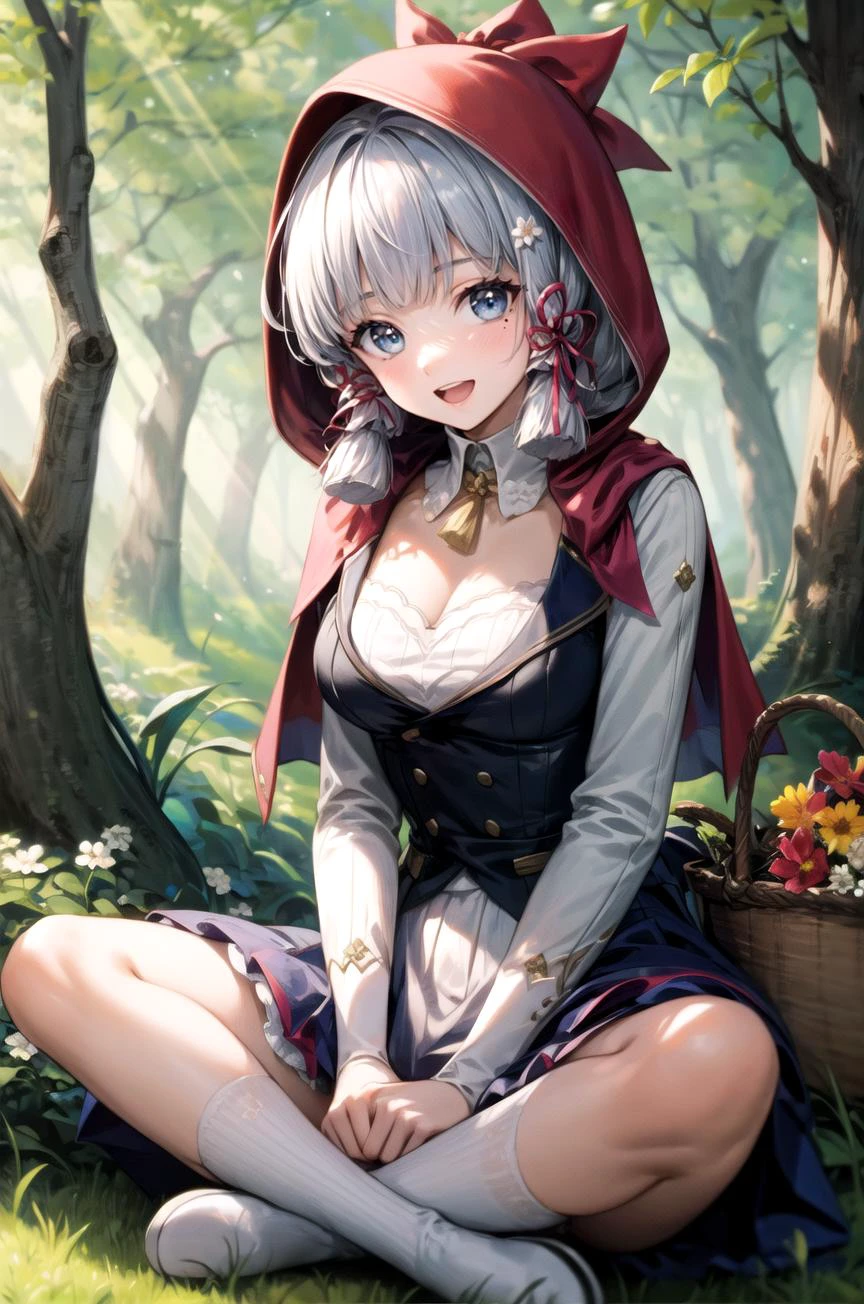 (masterpiece, best quality, detailed), 1girl, solo, kamisato_ayaka, blunt bangs, long hair, ribbon, hair ornament, sidelocks, hair ribbon, ponytail, mole under eye, white hair, looking at viewer,
<lora:little_red_riding_hood_v0.1:1>, little red riding hood, frilled dress, basket, miniskirt, cleavage, outdoors, forest, nature, grass, tree, flower, leaf, sunlight, light rays, indian style, hands on feet, open mouth, smile