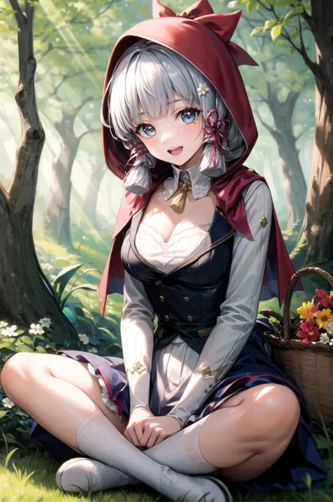 (masterpiece, best quality, detailed), 1girl, solo, kamisato_ayaka, blunt bangs, long hair, ribbon, hair ornament, sidelocks, hair ribbon, ponytail, mole under eye, white hair, looking at viewer,
<lora:little_red_riding_hood_v0.1:1>, little red riding hood, frilled dress, basket, miniskirt, cleavage, outdoors, forest, nature, grass, tree, flower, leaf, sunlight, light rays, indian style, hands on feet, open mouth, smile