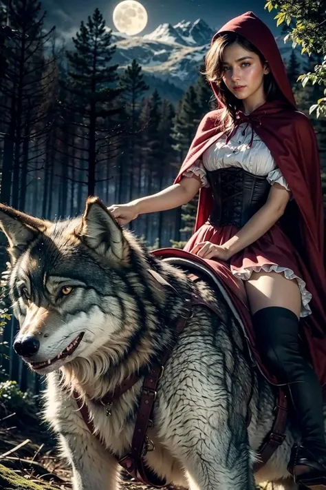 (realistic:1.3), finely detailed, quality, rembrandt lighting, (masterpiece:1.2), (photorealistic:1.2), (best quality), (detailed skin:1.3), (intricate details), dramatic, ray tracing, 1girl, little red riding hood, 21 years old, detailed skin texture, (blush:0.5), (goosebumps:0.5), subsurface scattering, smiling, medium breasts, long hair curls, blonde hair, bangs, hair between eyes, dress, frilled dress, corset, frills, frilled skirt, (wolf, riding:1.4), (night, moon, dark forest, trees),  <lora:little_red_riding_hood_v0.1:1>