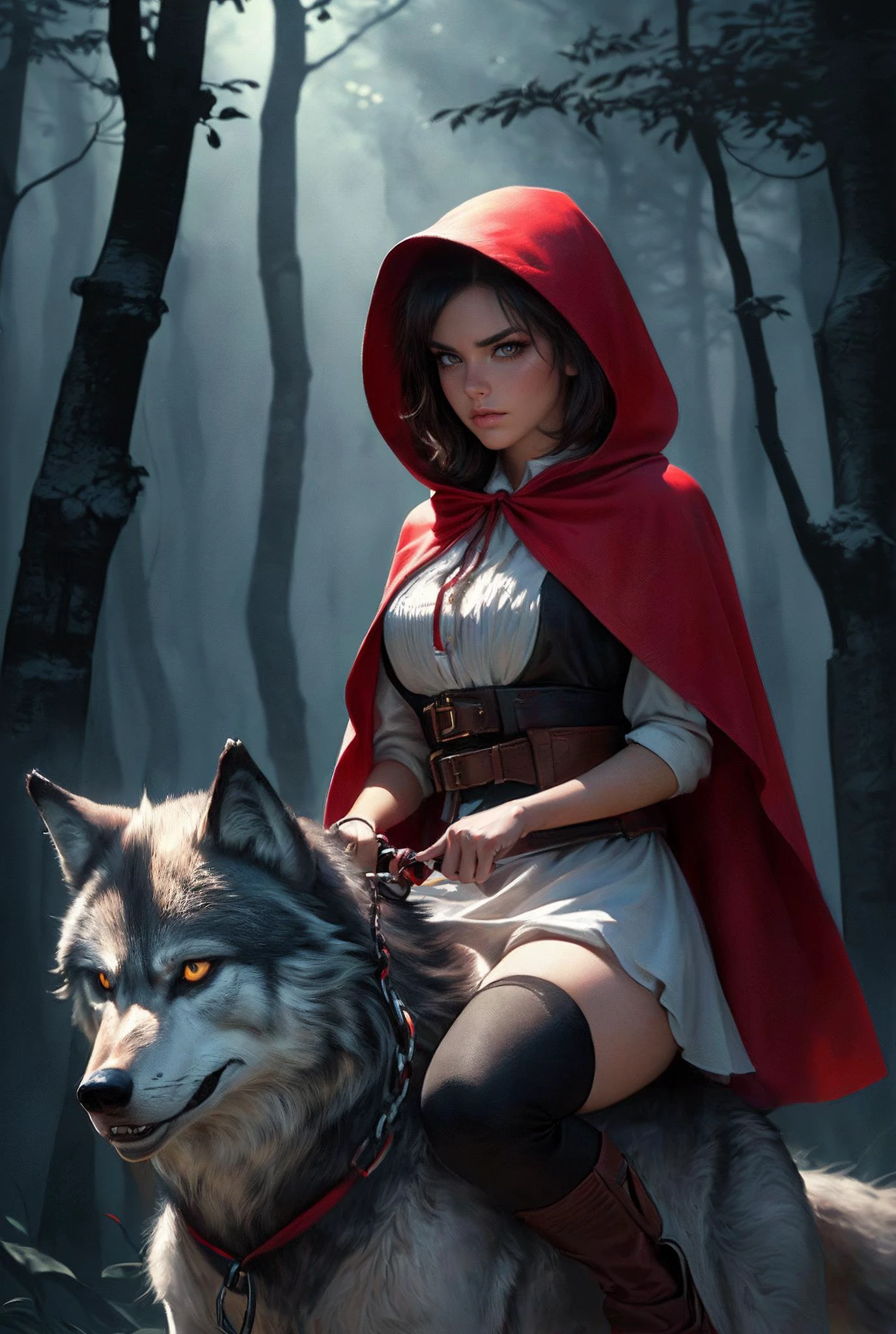 little red riding hood, sitting, 1girl, breasts, ress, thighhighs, apron, in a mystical forest clearing, Dark and mysterious, a powerful girl sitting, triumphantly, (wolfback riding:1.3), (riding:1.2), (wolf in front:1.1), chain, leash, holding leash, her strength and dominance, with dynamic lighting adding an element of drama, highly detailed and realistic rendering with dramatic lighting and atmospheric effects, Digital artwork, trending on ArtStation, Resolution: 4k, cinematic view, (best quality:1.2), (masterpiece:1.3), (high resolution:1.3), <lora:little_red_riding_hood_v0.1:0.8>
