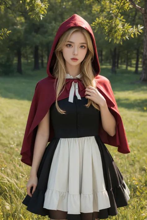 (Best Quality, Masterpiece:1.4), (Realism:1.2), (Realisitc:1.2), (Absurdres:1.2), (photorealistic:1.3), 1girl,Realistic Skin,Solo,( Very Big Eyes,beautiful detailed eyes, symmetric eyes), ((cowboy shot)),<lora:little_red_riding_hood_v0.1:1> little red riding hood, blonde hair, long hair, frilled dress, all fours, grass