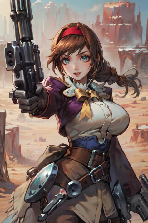 (masterpiece, best quality, ultra detailed, beautiful illustration), atmospheric perspective, depth of field, looking at viewer, beautiful detailed eyes, anime eyes:1.4, (cowboy shot), fighting stance, dynamic angle, (outdoors, desert, massive rock outcroppings:1.5,cacti, distant oasis), 1girl, smile, (huge breasts), <lora:virginia:0.8>, virginia, 1girl, brown hair, hairband, ribbon, gloves, braid, smile, red hairband, belt, long hair, bow, white gloves, purple dress, braid, (holding guns, dualwielding:1.5, revolvers:1.8),
